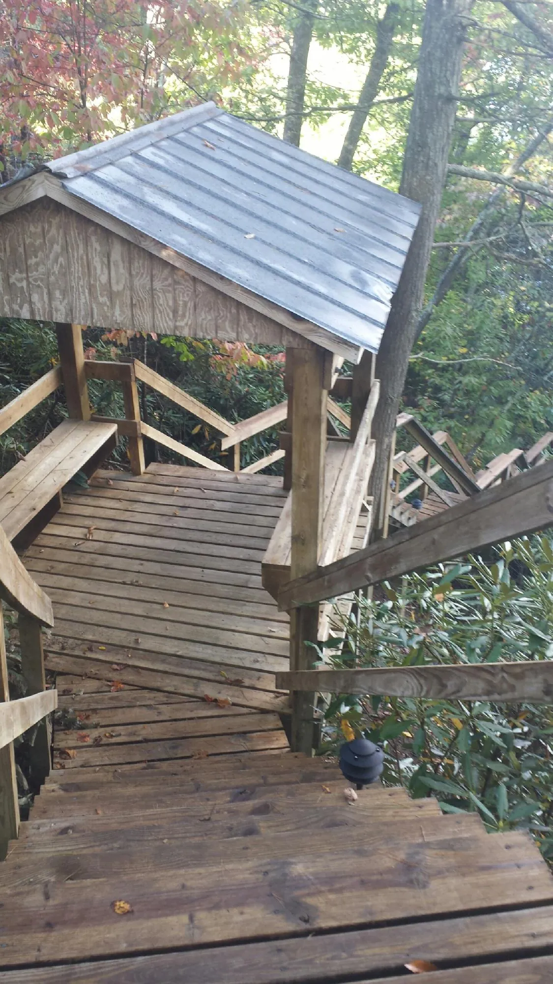 Metal roofed shelter over wooden steps on a wooded walkway — Skylight Repair & Installation work by our crew in Chesterland